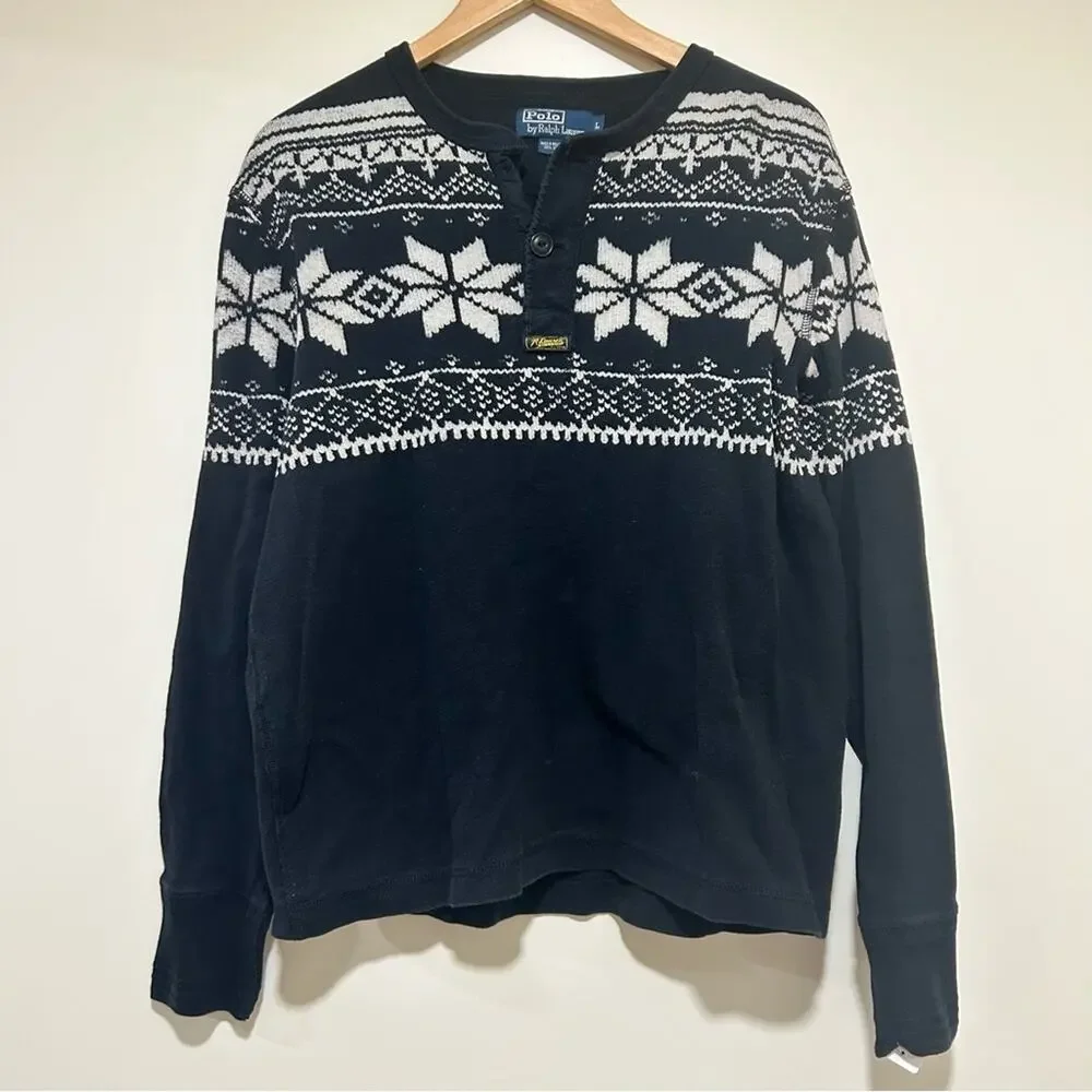 Ralph Lauren Black & White Fair Isle Crewneck Henley Cotton Sweater Size Large